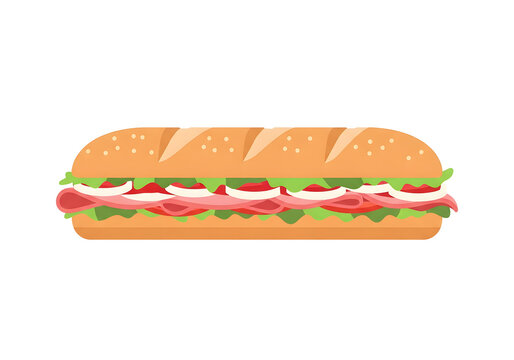 Submarine sandwich features fresh vegetables and sliced meat layered between a long toasted bread roll.