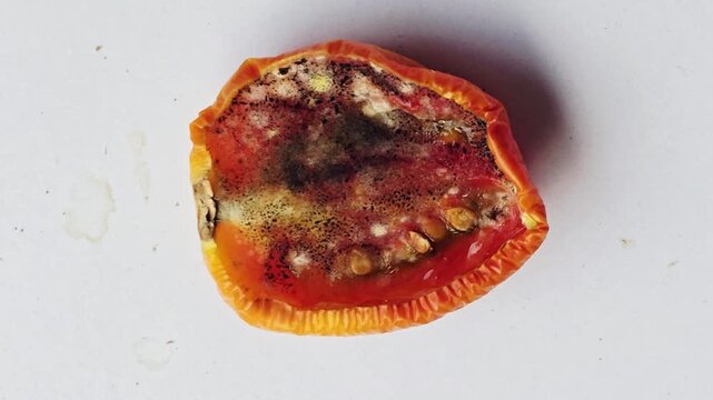 Rotten tomato with spreading mold and fungus, decaying red vegetable on white background, organic food waste and decomposition process