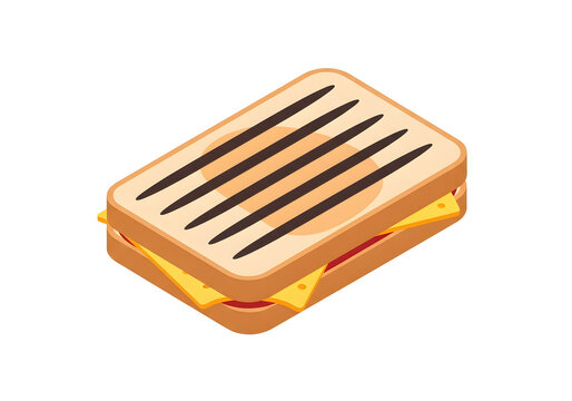 Grilled cheese sandwich rests in an isometric perspective to showcase its toasted texture and melted filling.