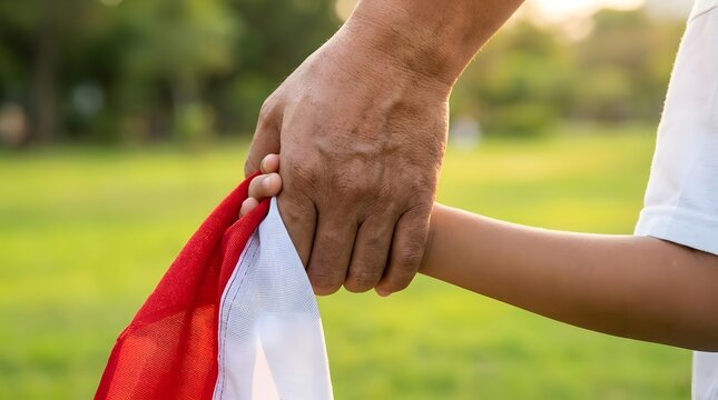 Hands holding Indonesian red and white flag outdoors.