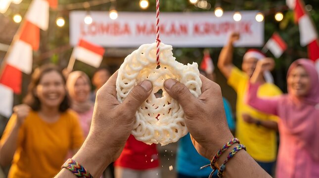 Hands holding krupuk cracker during Indonesian Independence Day contest.