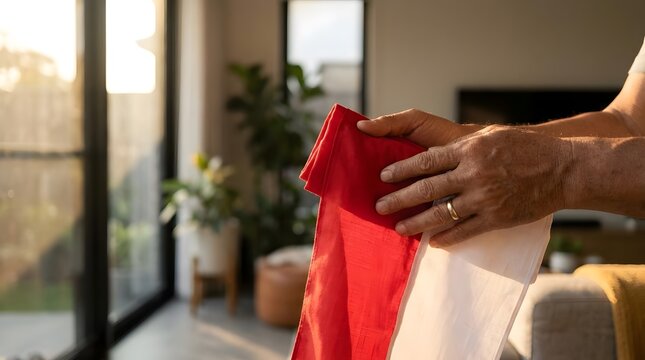 Hands holding national red and white flag.