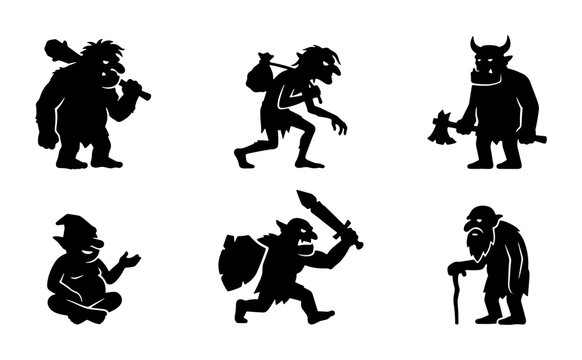 Fantasy Trolls Silhouettes, Mythical Creatures Vector Icons, Folklore Characters Set, Dark Fantasy Art