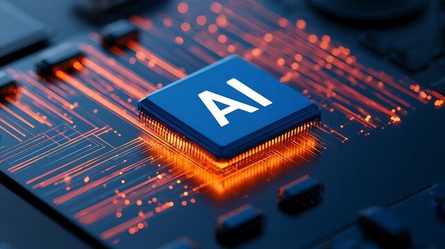 powerful computer processor microchip with the word representing artificial intelligence, AI technology