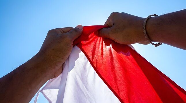 Hands holding red and white Indonesian flag against sky.
