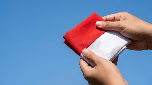 Hands holding red and white Indonesian flag against sky.