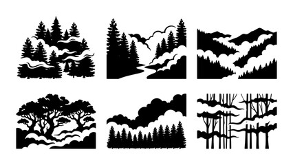 Fototapeta premium Vector Forest Landscapes, Mountain Silhouettes, Nature Scenes, Evergreen Trees, Wilderness Vistas