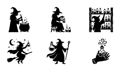 Fototapeta premium Witchcraft Silhouette Icons: Potion Making, Flying Witch, Cauldron, Spellcasting, 6 Vector Elements