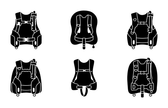 Scuba Diving BCD Icons Set, Buoyancy Control Device Vector Graphics, Dive Gear Symbols