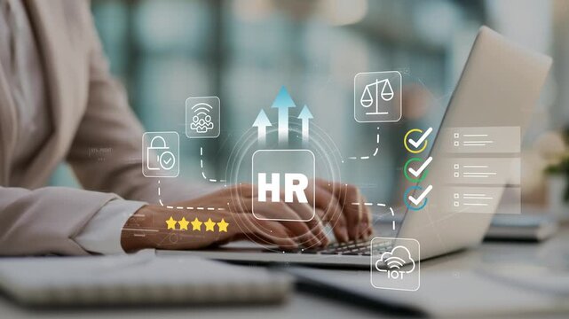 Female business leader managing workforce development with animated HR icon, employee performance growth, talent retention and strategic human resources planning