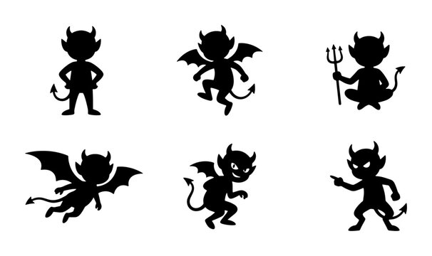 Six Silhouette Devil Icons, Vector Graphics Set: Mischief, Spooky, Halloween, Fantasy Characters