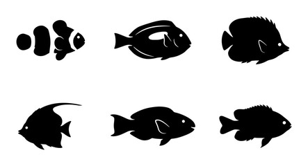 Obraz premium Six Black Silhouette Tropical Fish Icons, Marine Life Vector Set, Underwater Aquarium Creatures Collection