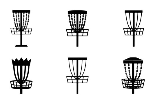 Disc Golf Baskets Collection, Sport Equipment Icons, Outdoor Game Elements, Vector Set