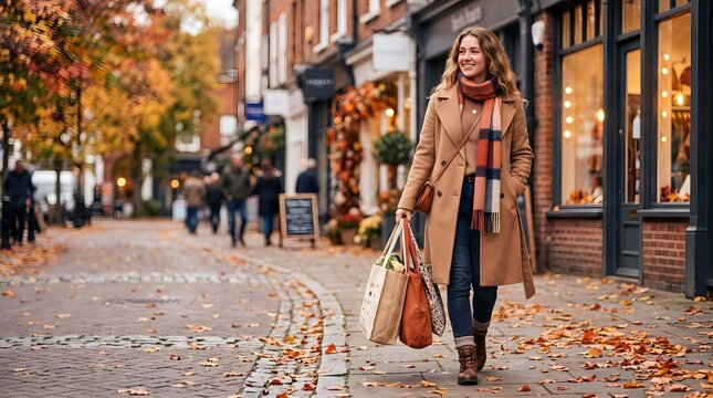 Elegant woman carrying shopping bags and walking along an old town street decorated with fall foliage.