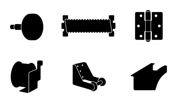 Hardware Icons Set: Door Hinges, Rollers, Fasteners, and Fixtures, Black Vector Graphics