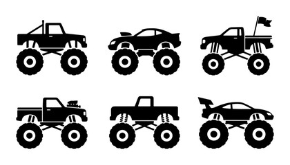 Monster Truck Icons Set, Off-Road Vehicle Silhouettes, Extreme Sports Transportation Graphics © Mondira