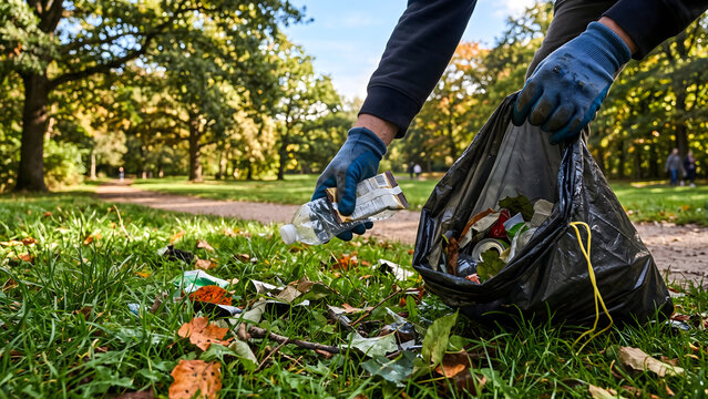 Volunteer collecting litter and trash from a park with a garbage bag to promote environmental awareness and sustainability