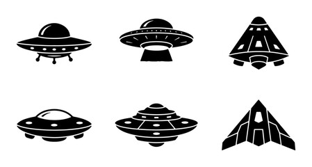 Flying Saucer Icons, UFO Vector Set, Alien Spaceship Graphics, Sci-Fi Craft Collection © Priyo