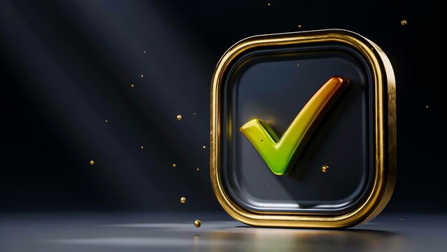 Golden check mark approval icon in luxury black and gold 3d design