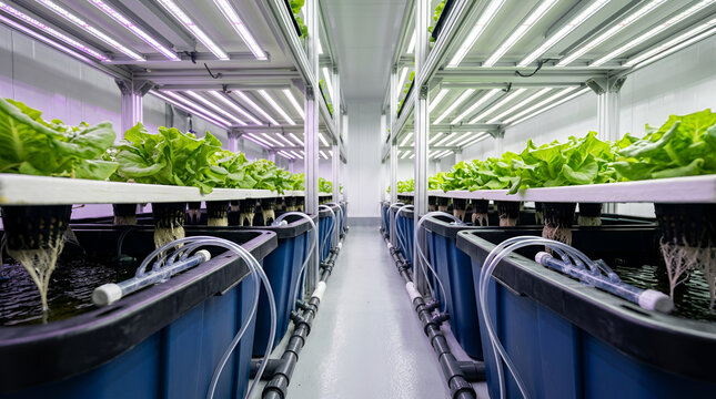 Indoor hydroponic farm with rows of lettuce plants growing under bright LED lights