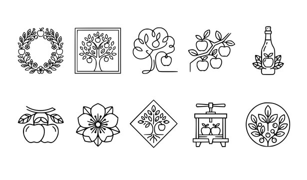 Minimalist Apple Orchard and Hard Cider Production Line Icon Set for Organic Farm Branding, Brewery Logo Badges, Fruit Cider Bottles, and Agriculture Press Graphic Designs