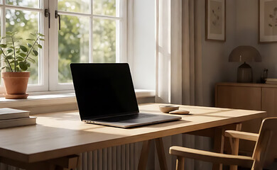 Fototapeta premium Modern home office with laptop near window