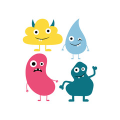 Fototapeta premium Set of cute and colorful cartoon monsters in simple shapes. Fun and playful characters ideal for children’s designs, educational materials, stickers, and party decorations.