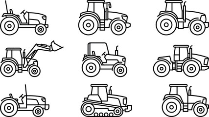 Agricultural Farm Tractor Line Icon Set with Front Loader, Crawler Tracks, Open Cab, and Modern Farming Machinery Symbols for Agribusiness Apps and Engineering Websites © MSTFarjana