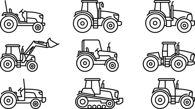 Agricultural Farm Tractor Line Icon Set with Front Loader, Crawler Tracks, Open Cab, and Modern Farming Machinery Symbols for Agribusiness Apps and Engineering Websites