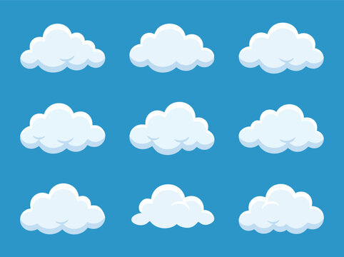 Set of nine vector white clouds with soft shadows on a blue background.