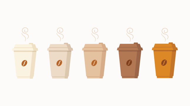 Set of five coffee cups in different shades of brown and beige colors with coffee bean icon.