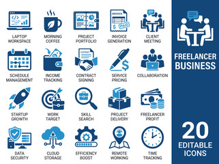 Naklejka premium Freelancer Business Icons Show Daily Tasks Like Coffee Meetings Projects And Invoices For Remote Work Success