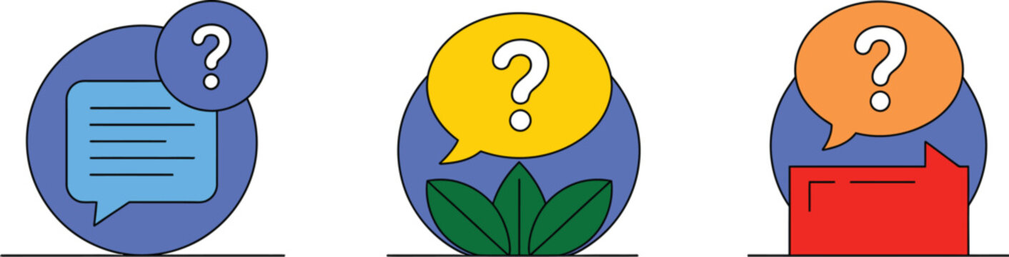 FAQ Information System Vector Set Featuring Flat Q and A Icons for Support Communication, Knowledge Base, and Help Center Applications