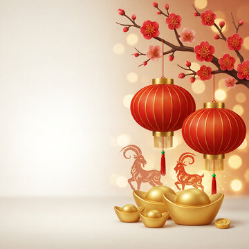 Chinese New Year Background with Red Lanterns, Gold Ingots, Goat Silhouette, and Cherry Blossom Branches 3D Rendering