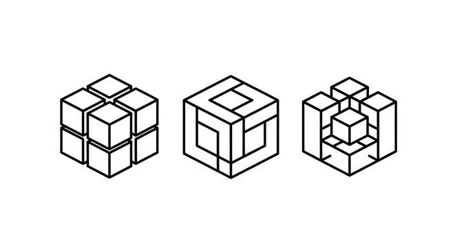 Interlocking cube shapes black line art on a white background