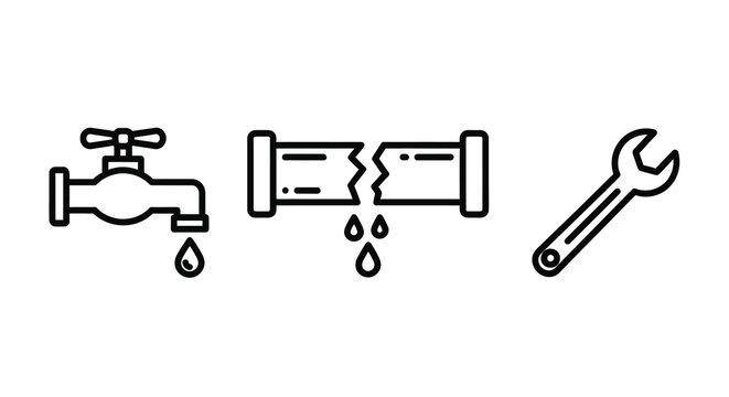 Plumbing Icons Faucet Broken Pipe And Adjustable Wrench Line Art