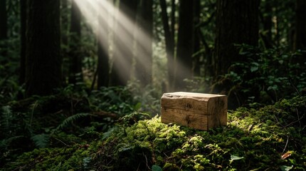 Fototapeta premium Sunlight beam illuminating rustic wood block mossy forest floor carbon footprint reduction concept