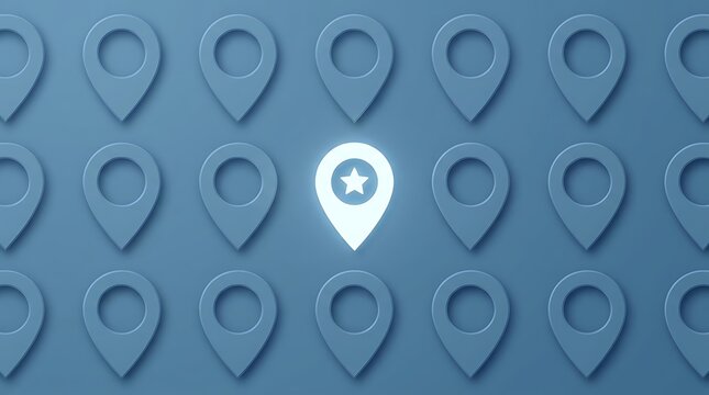 Glowing star location pin standing out among uniform blue map markers in grid pattern