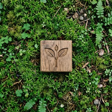 Carved wood leaf symbol lush green moss forest floor representing carbon footprint reduction concept