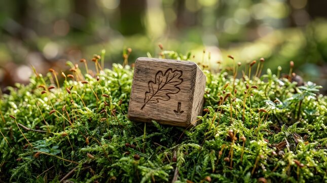 Carved Wooden Cube Leaf Symbol Reducing Arrow Symbol Moss Forest Ground Concept Carbon Footprint Reduction