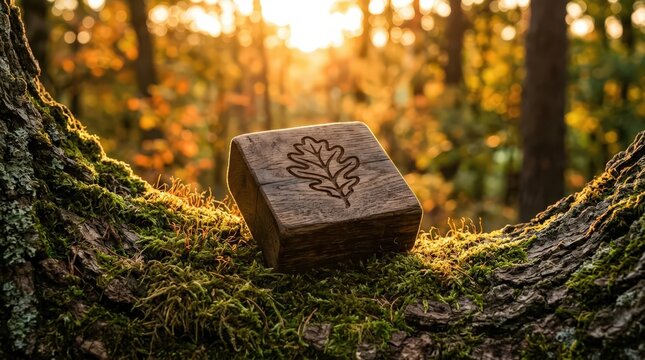 Engraved oak leaf wooden block carbon footprint reduction concept sunset forest environment