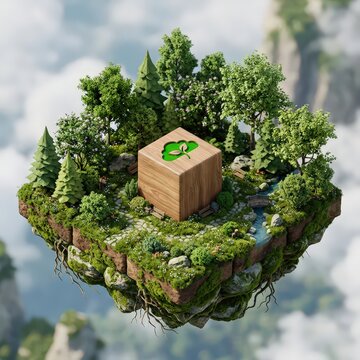 Floating island diorama wood cube forest landscape carbon footprint reduction concept