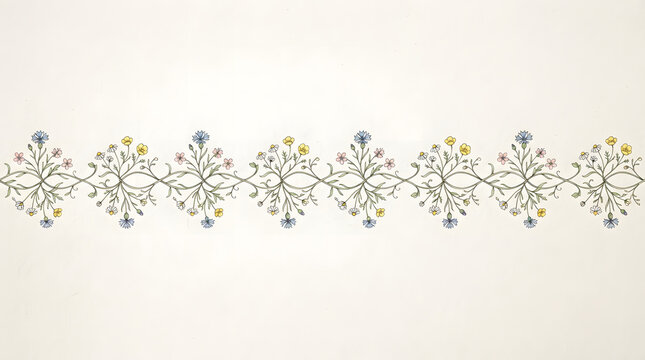 Wildflower chain border pattern. Repeating floral design for decorative stationery.