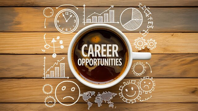 Career opportunities concept with business icons on wooden background