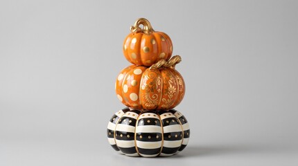 Obraz premium Stack of three decorative ceramic pumpkins: orange with gold dots, floral swirls, and black-white stripes. Gold stems, grey background. autumn, decor.