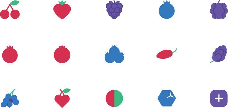 Fresh Berry and Organic Fruit Icon Set with Flat Minimalist Geometric Symbols Including Cherry Strawberry Grape Blueberry and Blackberry Logos