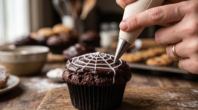 Hand with a gold ring uses a piping bag to draw a white frosting spider web on a dark chocolate cupcake in a kitchen, Halloween, baking, dessert.