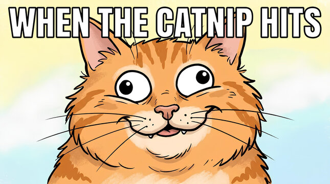 Funny cartoon cat face meme with catnip joke text.