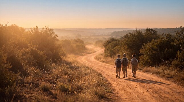 Children walking down a winding dirt path at golden hour in the countryside.