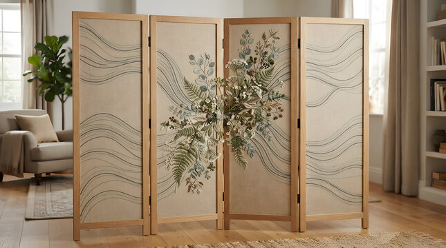Folding room divider with botanical print. Decorative wooden screen for home interior design.